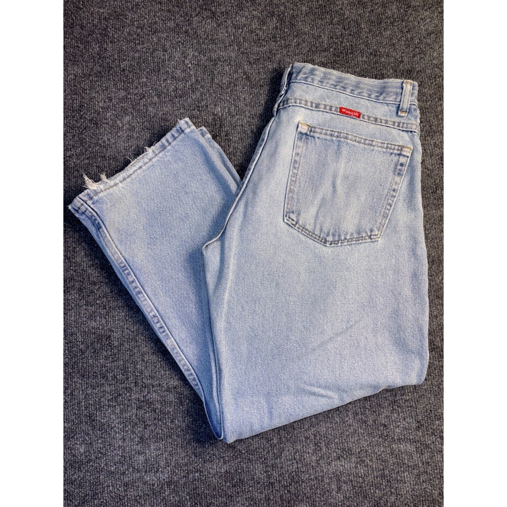 Wrangler Jeans Womens 16 Blue Denim Straight Fit Distressed Hem Patch Logo‎